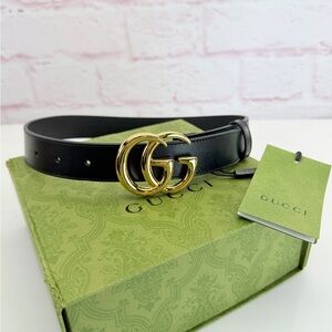 Gucci Marmont Gg Black Leather Double G Belt Gold Buckle 414516 65/26
